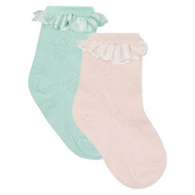 Pack of two baby girls' pink and green ribbon trim socks